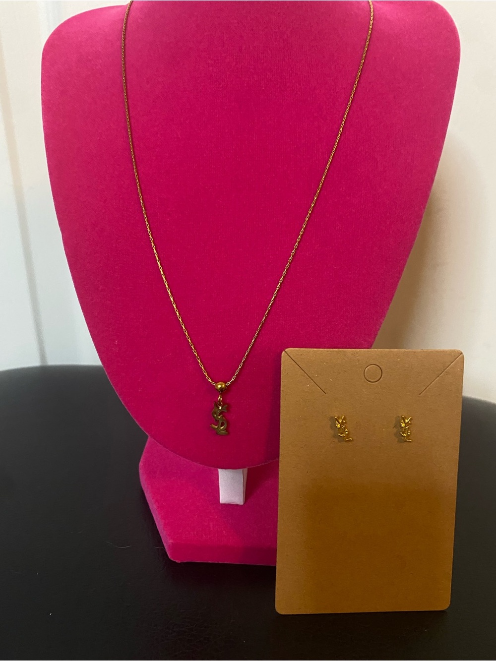 Stainless Steel Gold-tone Pendant Necklace and Stud Earrings Set YSL-
